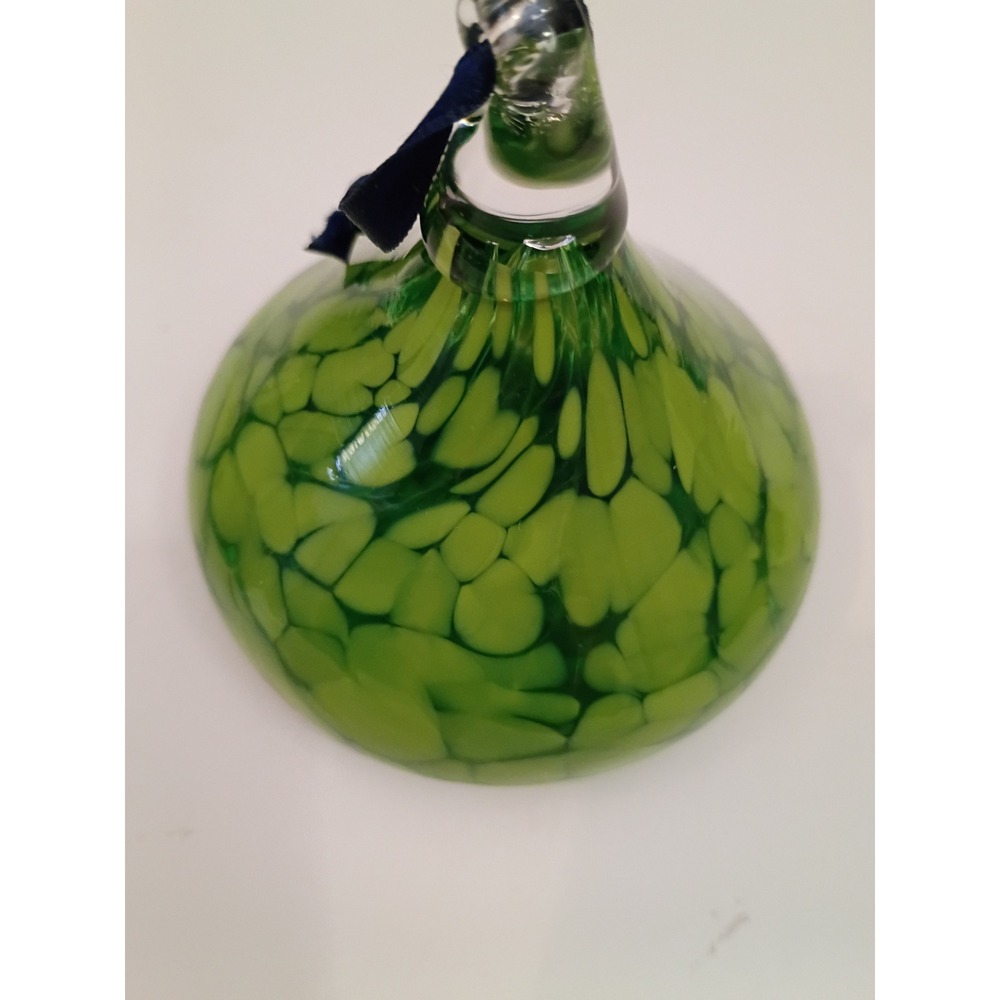 Hand Blown Art Glass Ornament Green Speckled Mottled Orb Suncatcher Navy Ribbon